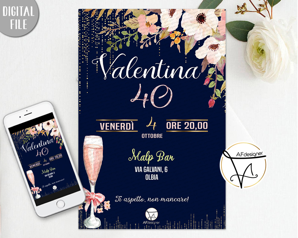 ELEGANTE FLOREALE 30/40/50 COMPLEANNO Invito digitale – AFdesigner