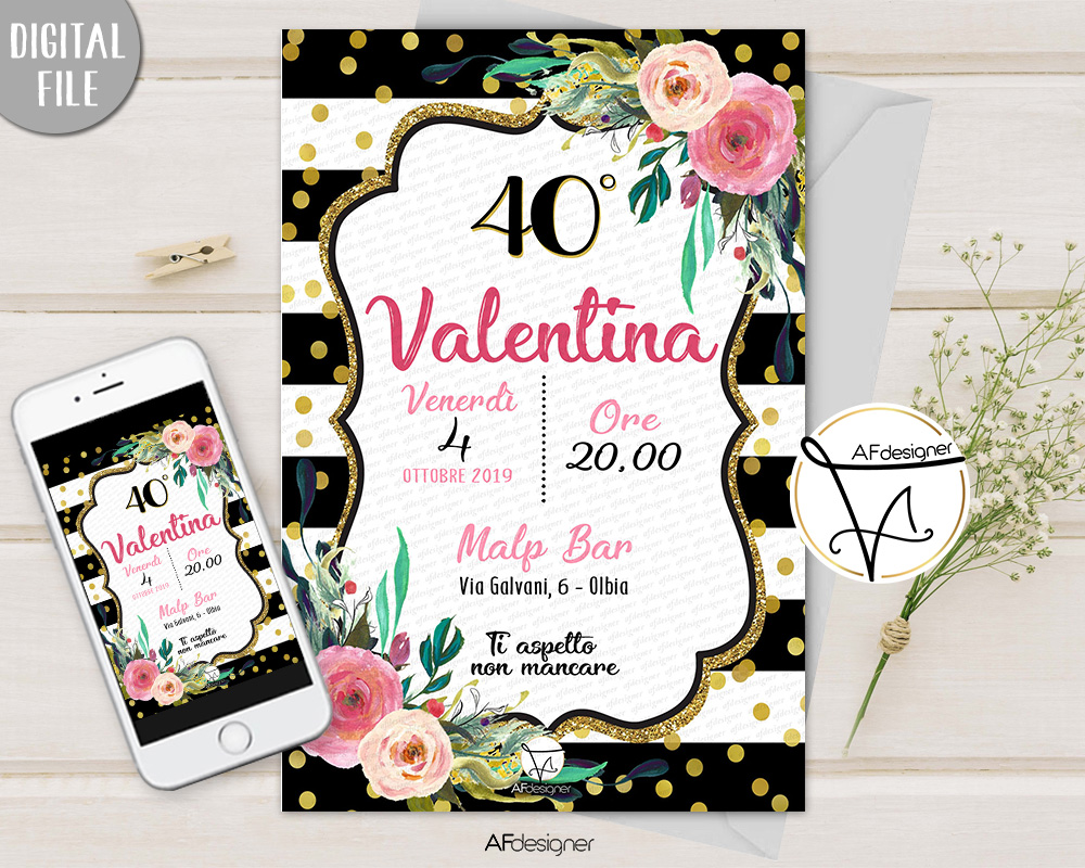 ELEGANTE FLOREALE 30/40/50 COMPLEANNO Invito digitale – AFdesigner