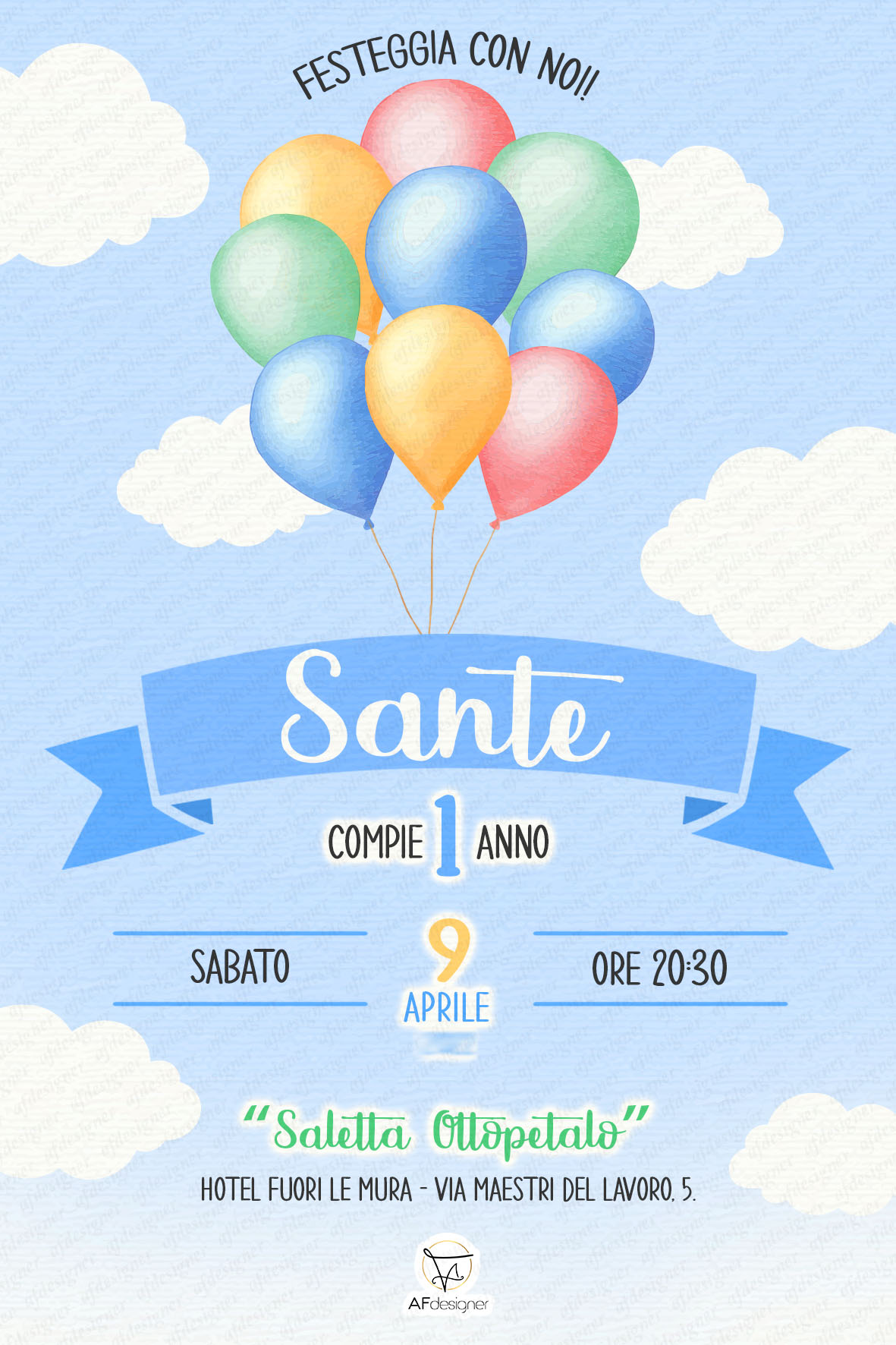 Invito a una festa di compleanno di 1 anno con palloncini modello di  celebrazione del 1° anniversario della cartolina d'auguri